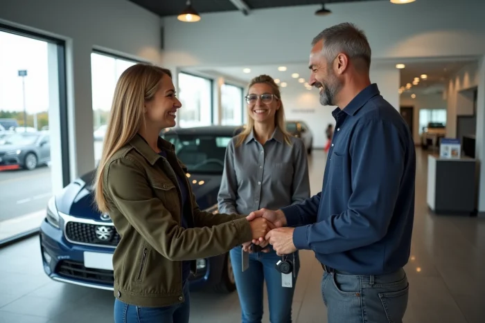 Un couple finalise l'achat d'un véhicule d'occasion en serrant la main d'un vendeur dans une concession