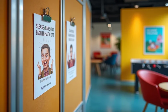 Affiche humoristique et décalée avec illustration comique et slogan espiègle affichée dans une salle de détente