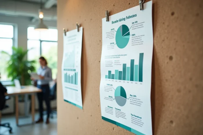 Affiche infographique de sensibilisation avec données chiffrées, graphiques et visuels statistiques sur tableau de liège
