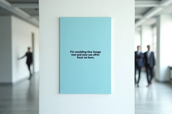 Affiche à message unique avec texte centré sur fond uni bleu pastel accrochée dans un couloir de bureau
