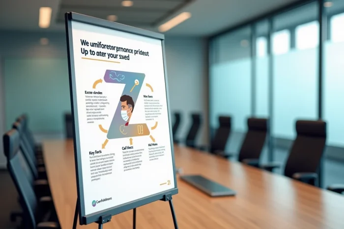 Affiche de sensibilisation avec parcours de lecture en Z affichée sur un présentoir dans une salle de réunion