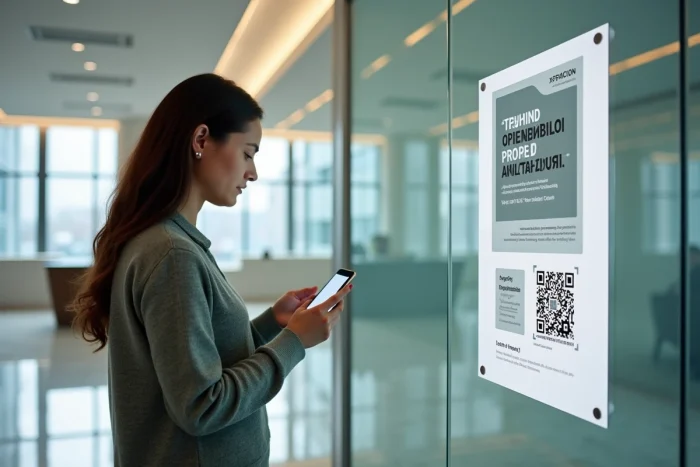 Femme scannant le QR code d'une affiche de sensibilisation affichée sur une cloison vitrée en open space