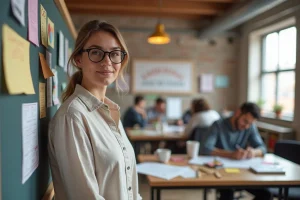 Designer devant un panneau de maquettes d'affiches de sensibilisation dans un studio créatif