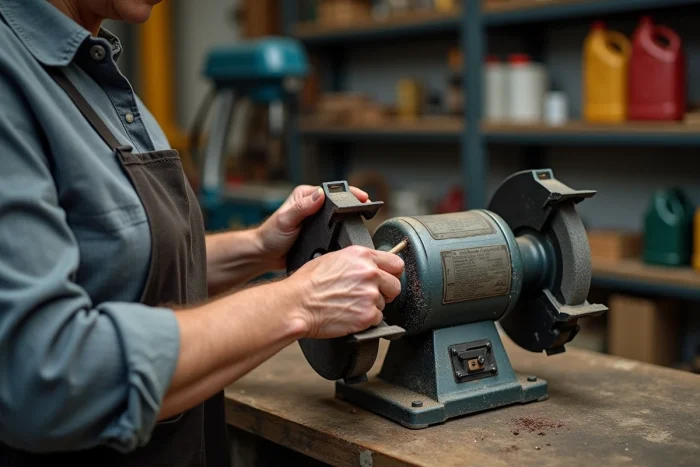 Affûtage d'un foret à bois sur une meule de table dans un atelier industriel