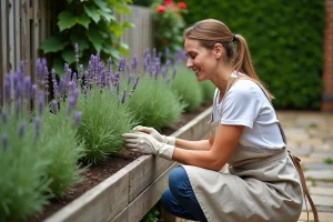 Femme jardinière aménageant un jardinière surélevée en bois avec des plantes aromatiques dans un jardin harmonieux