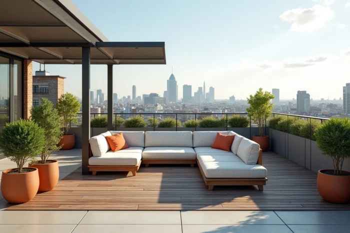 Terrasse rooftop urbaine aménagée avec mobilier modulable, plantes méditerranéennes, pergola et vue sur les toits de la ville