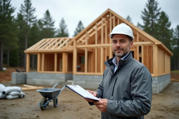Architecte sur un chantier de construction résidentielle examinant les plans structurels d'une maison individuelle