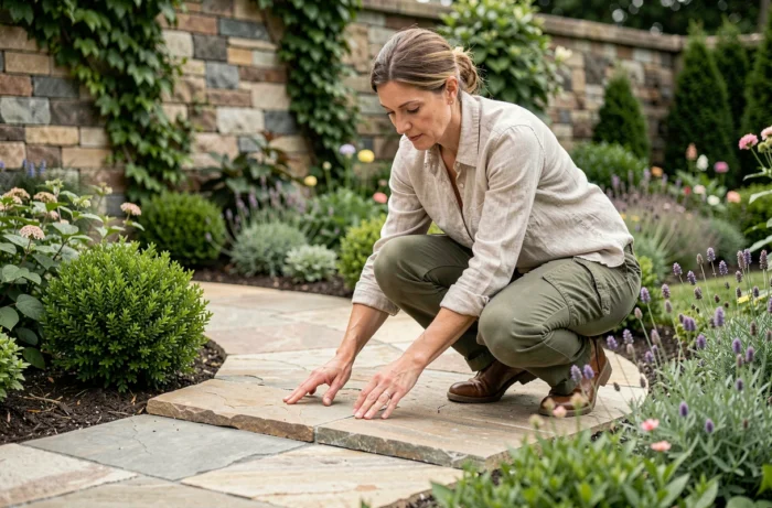 Architecte paysagiste inspectant un sentier en pierre naturelle dans un jardin aménagé sur mesure