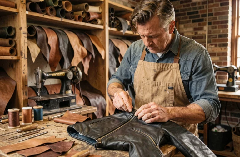 Artisan cuir cousant une veste de moto Schott dans un atelier traditionnel new-yorkais