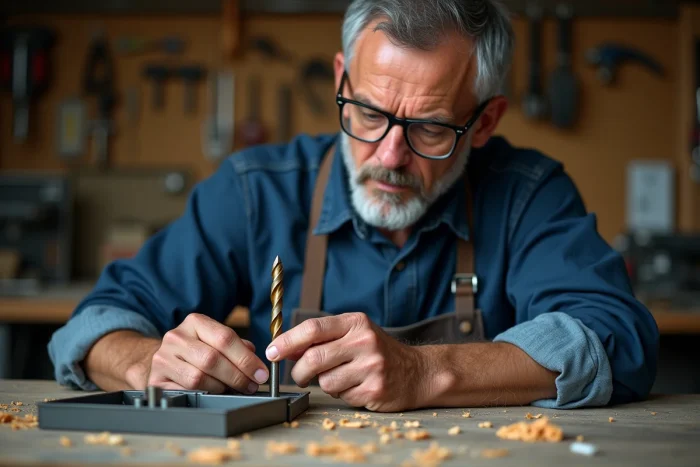 Artisan examinant un foret à bois usagé avant affûtage dans un atelier de menuiserie