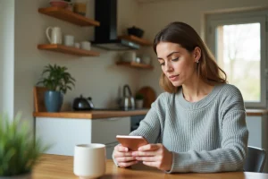 Femme consultant son application bancaire La Banque Postale sur smartphone pour augmenter le plafond de sa carte