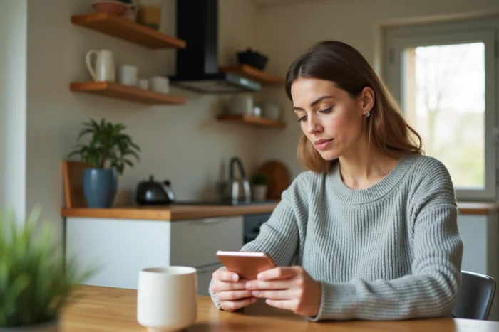 Femme consultant son application bancaire La Banque Postale sur smartphone pour augmenter le plafond de sa carte