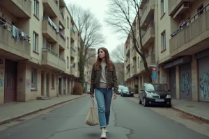 Femme marchant dans une rue d'une banlieue française avec immeubles en béton et commerces de proximité