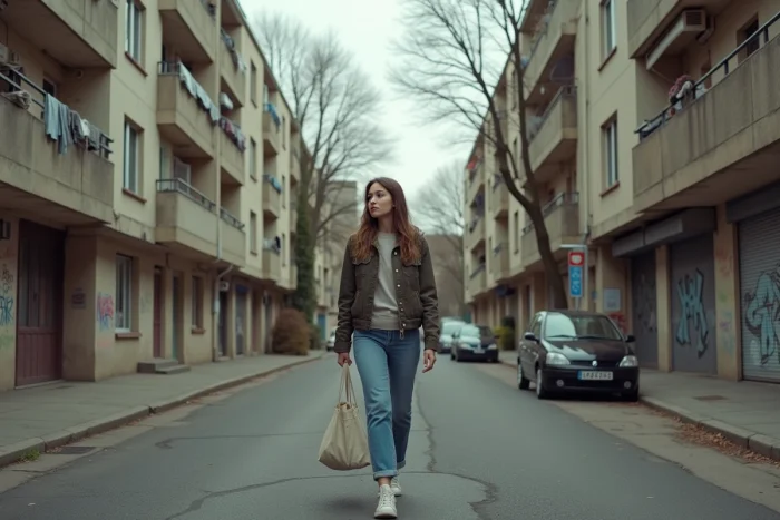 Femme marchant dans une rue d'une banlieue française avec immeubles en béton et commerces de proximité