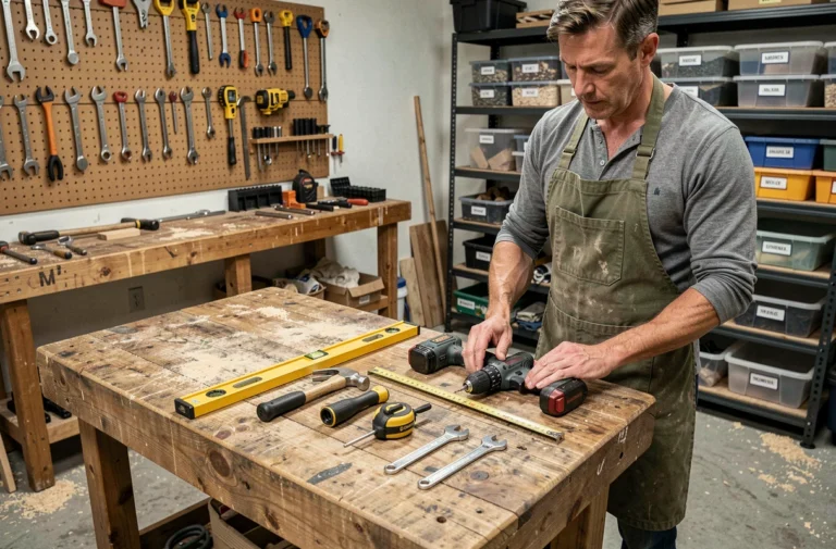 Homme bricoleur organisant des outils essentiels sur un établi en bois dans un atelier de garage fait maison
