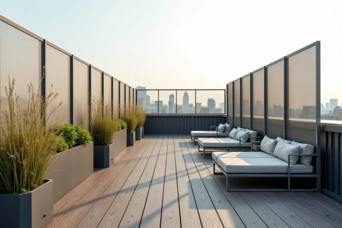 Brise-vent en panneaux métalliques perforés installés sur une terrasse rooftop protégeant une zone lounge urbaine