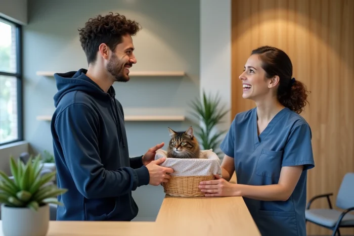 Un jeune homme offre un panier de biscuits artisanaux à l'accueil d'une clinique vétérinaire avec un chat dans une cage