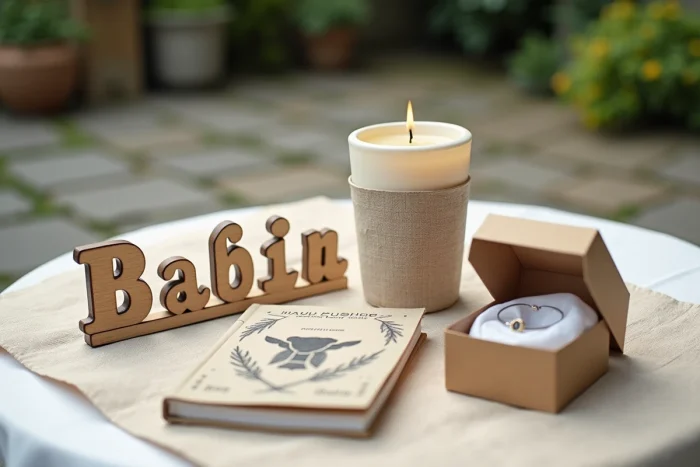 Gros plan de cadeaux de baptême originaux incluant puzzle en bois personnalisé, livre illustré, bougie en cire d'abeille et bracelet argenté