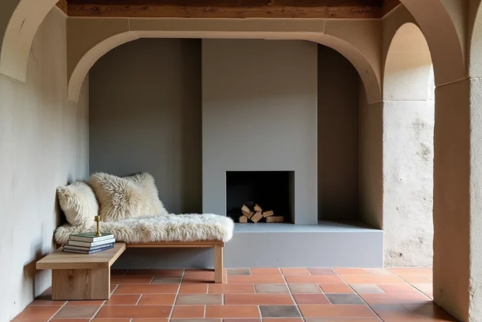 Cantou transformé en coin lecture contemporain avec banquette en béton brut, carreaux en terre cuite provençaux et accessoires en laiton