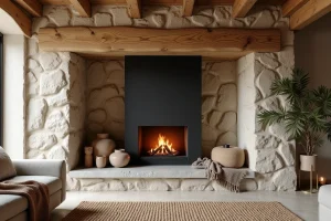 Cantou rénové avec insert en acier noir mat, murs en pierre apparente et poutres en chêne dans une maison de campagne française