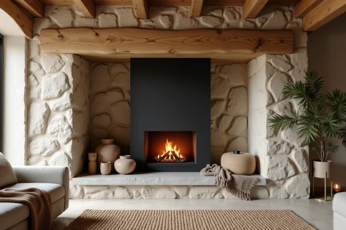 Cantou rénové avec insert en acier noir mat, murs en pierre apparente et poutres en chêne dans une maison de campagne française