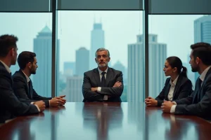 Directeur centralisateur en réunion d'entreprise dominant ses équipes autour d'une table de conférence, illustrant un management autoritaire freinant la croissance