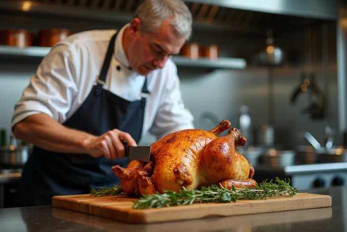 Chef cuisinier découpant un poulet rôti dans une cuisine de restaurant moderne, représentant la popularité mondiale de la viande de poulet dans la gastronomie