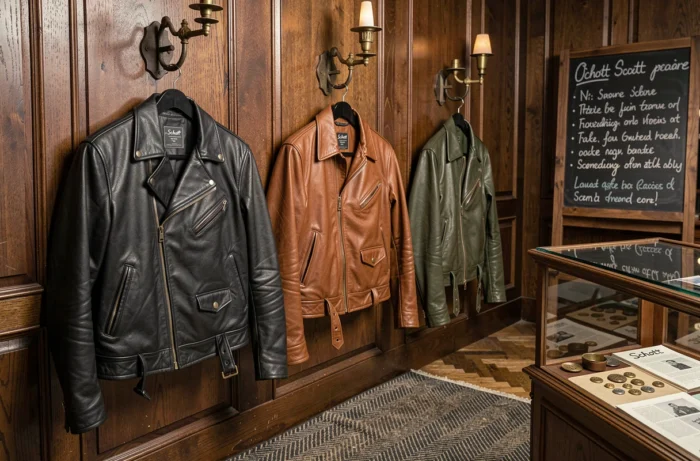 Collection de vestes en cuir vintage Schott exposées dans une boutique de mode patrimoniale