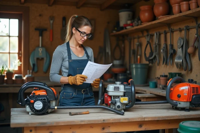 Femme comparant deux modèles de débroussailleuses thermiques dans un atelier de jardin pour choisir le meilleur équipement