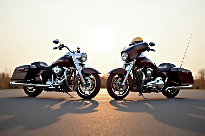 Comparaison côte à côte d'un Harley-Davidson Road King et d'un Street Glide sur un parking extérieur