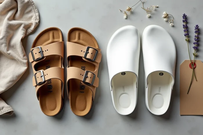 Comparatif en vue à plat de sandales Birkenstock et de sabots ergonomiques Scholl sur surface en béton gris clair