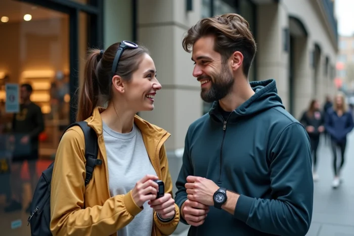 Deux amis comparant des montres connectées devant un magasin de sport en ville pour choisir le meilleur équipement