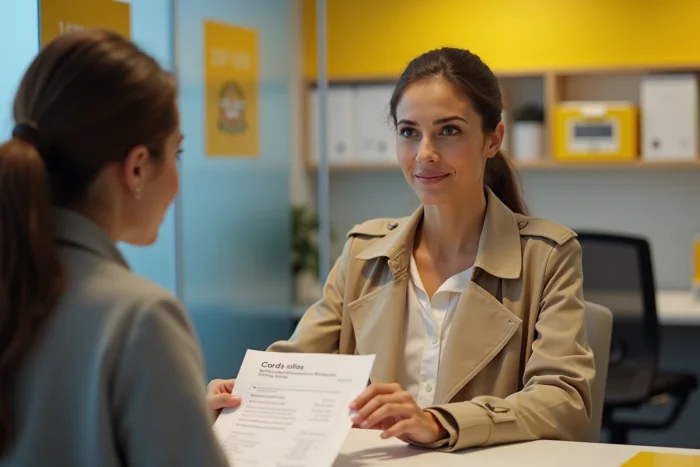 Cliente en agence La Banque Postale discutant avec un conseiller pour augmenter temporairement le plafond de sa carte