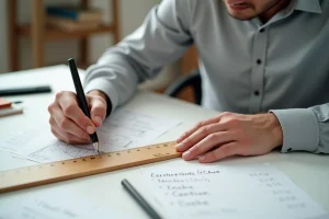 Homme mesurant une règle graduée en pouces et centimètres sur un bureau, conversion d'unités de mesure