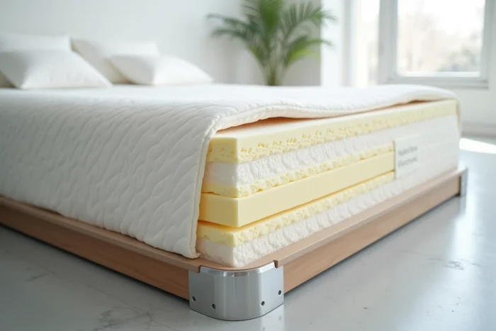 Coupe transversale d'un matelas en latex naturel multicouche présenté debout avec un lit électrique en arrière-plan