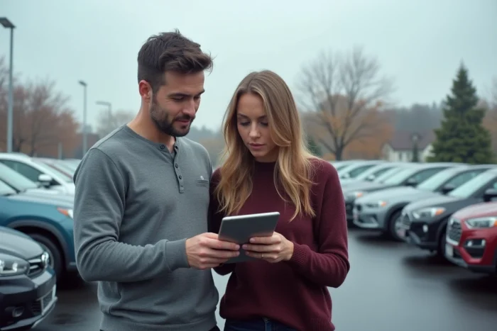 Couple comparant des voitures sur tablette dans un parking de concessionnaire automobile