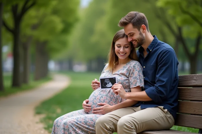Couple attendant un bébé regardant une échographie dans un parc verdoyant
