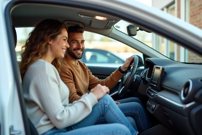 Couple découvrant l'intérieur d'une voiture neuve dans une concession automobile