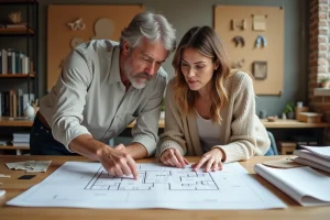 Couple étudiant des plans architecturaux pour leur projet de construction de maison dans un studio d'architecte
