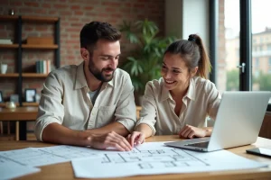 Couple étudiant des plans immobiliers et documents hypothécaires sur une table en bois dans un appartement moderne