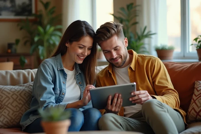 Couple cherchant ensemble leur future voiture sur une tablette via une plateforme spécialisée en ligne