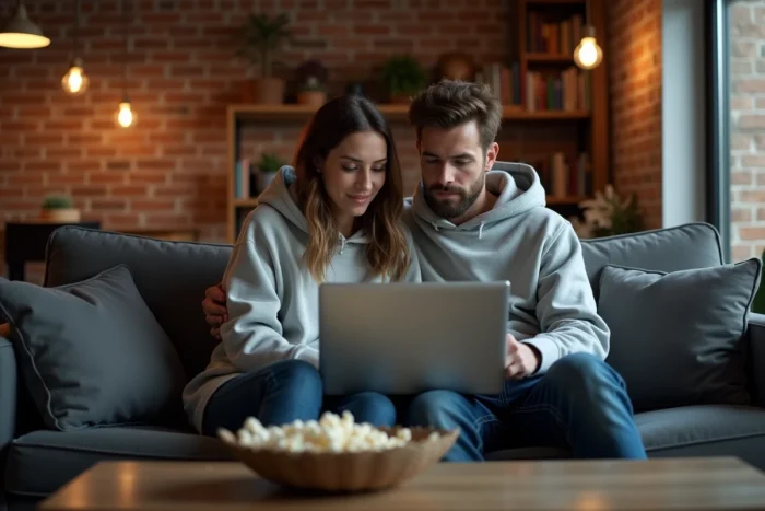 Couple regardant ensemble Mariés au premier regard en streaming sur un ordinateur portable dans leur appartement