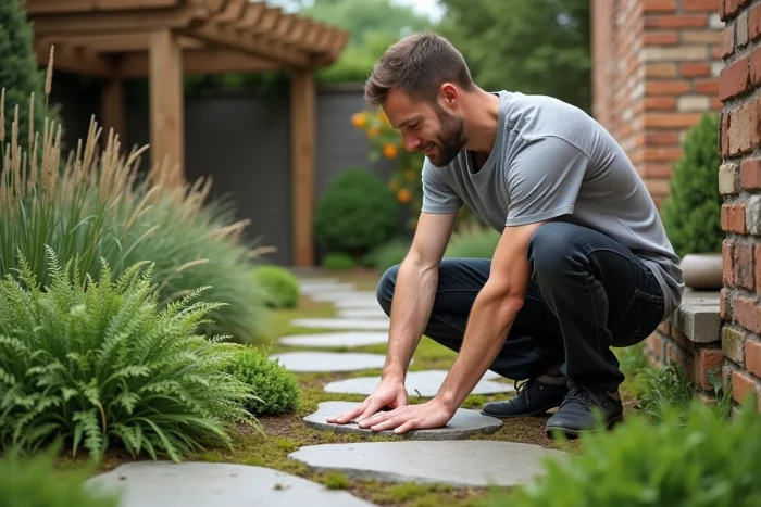 Homme posant des pierres de jardin sur un chemin végétalisé dans un jardin paysager et accueillant
