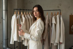 Jeune créatrice de mode française arrangeant ses créations en coulisses d'un événement mode dédié aux designers émergents en France