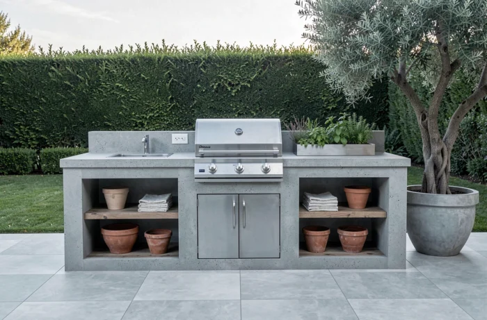 Cuisine extérieure sur mesure en béton et bois avec grill intégré dans un patio moderne haut de gamme