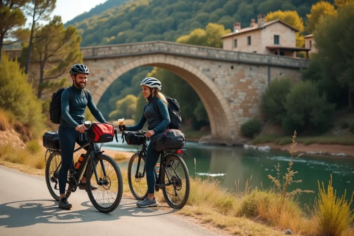 Cyclistes faisant une pause sur la N260 en Catalogne près d'un pont médiéval en pierre sur une rivière