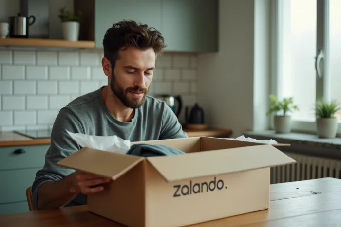 Homme ouvrant un colis Zalando dans une cuisine moderne d'appartement belge