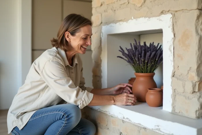 Femme décorant l'alcôve d'un cantou modernisé avec des éléments naturels comme la lavande et des poteries en terre cuite