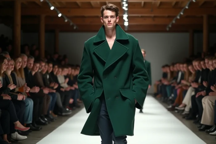 Mannequin présentant un manteau avant-gardiste d'un créateur émergent sur le défilé d'un événement mode en France