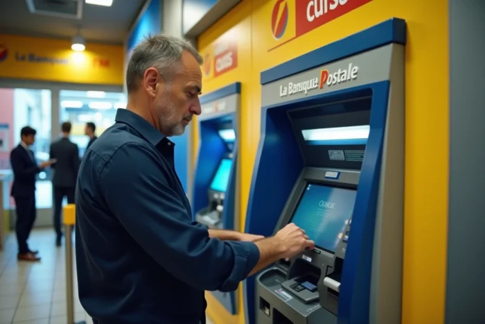 Homme utilisant un distributeur automatique La Banque Postale pour gérer le plafond de paiement de sa carte bancaire